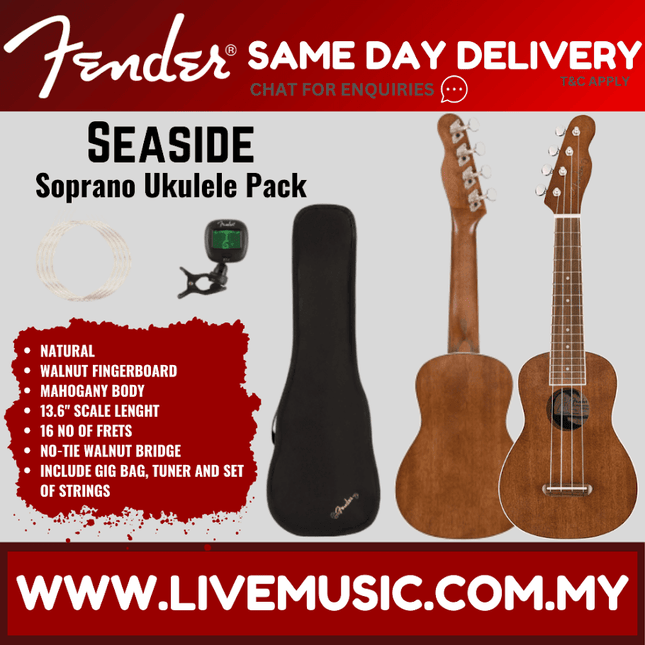 Walnut-finish soprano ukulele pack with natural wood body, case, and tuner