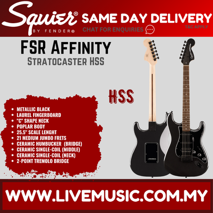 Squier FSR Affinity Series HSS Stratocaster Electric Guitar, Laurel FB, Metallic Black