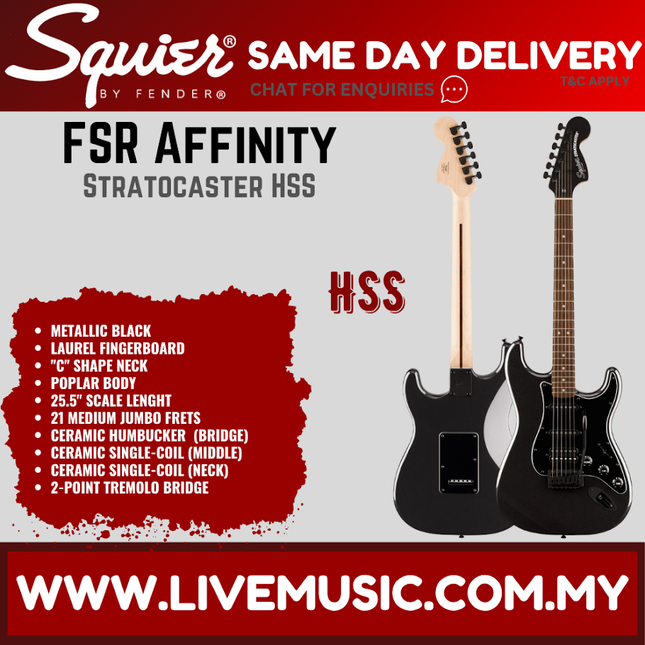 Squier FSR Affinity Series HSS Stratocaster Electric Guitar, Laurel FB, Metallic Black