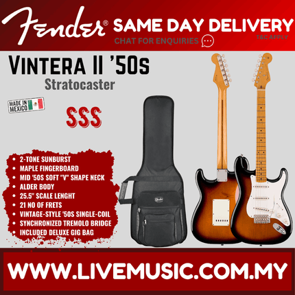 Fender Vintera II 50s Stratocaster Electric Guitar, Maple FB, Ocean Turquoise / 2-Tone Sunburst / Black
