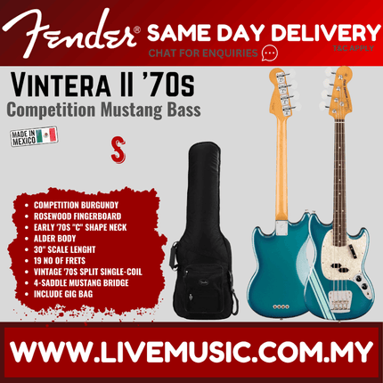 Fender Vintera II 70s Mustang Bass Electric Guitar, RW FB, Competition Burgundy