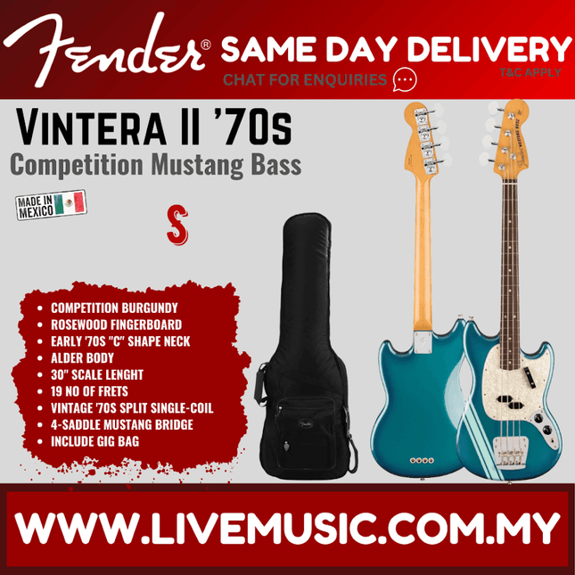 Fender Vintera II 70s Mustang Bass Electric Guitar, RW FB, Competition Burgundy