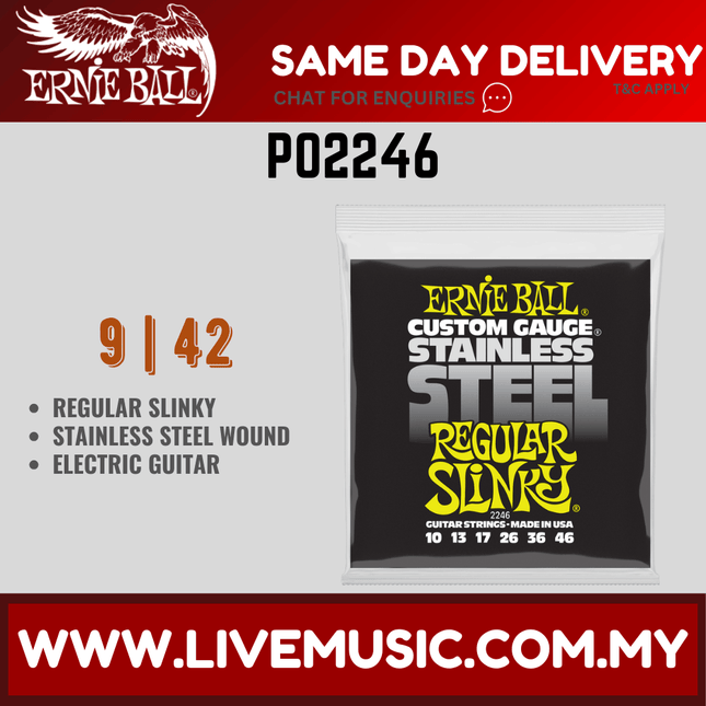 Ernie Ball 2246 Regular Slinky Stainless Steel Wound Electric Guitar Strings, 10-46 Gauge