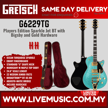 Gretsch Ltd Ed G6229TG Players Edition Sparkle Jet Electric Guitar w/Bigsby, Ocean Turquoise Sparkle