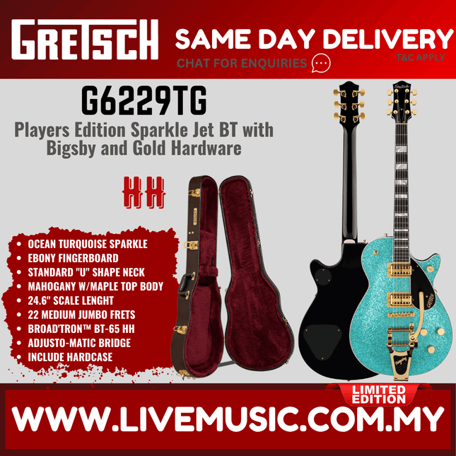 Gretsch Ltd Ed G6229TG Players Edition Sparkle Jet Electric Guitar w/Bigsby, Ocean Turquoise Sparkle