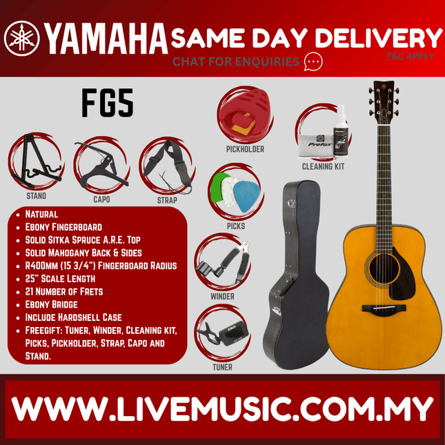Yamaha Red Label FG5 Acoustic Guitar with Hardcase MADE IN JAPAN - Natural ( FG-5 )