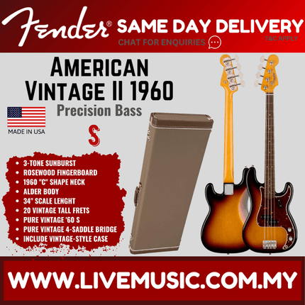 Fender American Vintage II 60 Precision Bass Electric Guitar, RW FB