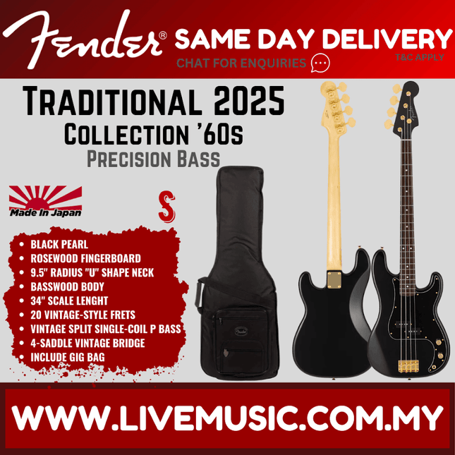 Fender Japan Traditional 2025 Collection 60s Precision Bass Guitar, RW FB, Black Pearl