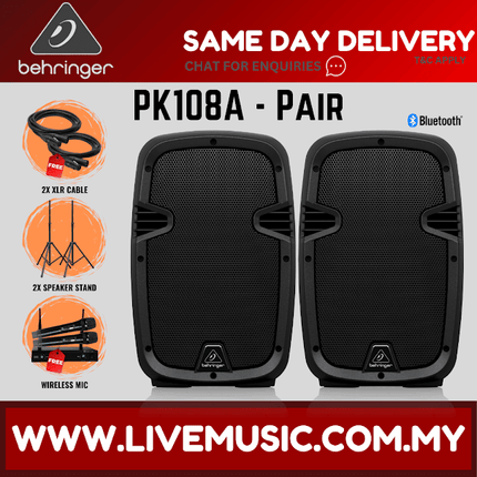 Behringer PK108A  Active 250W 8" PA Speaker System with Bluetooth w/UG-88HH Wireless Mic, Speaker Stand and Cable - Pair ( PK-108A / PK 108A )