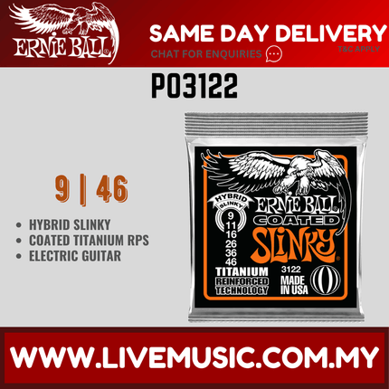 Ernie Ball 3122 Hybrid Slinky Coated Titanium Rps Electric Guitar Strings, 9-46 Gauge