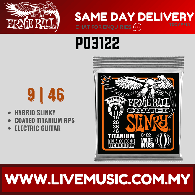 Ernie Ball 3122 Hybrid Slinky Coated Titanium Rps Electric Guitar Strings, 9-46 Gauge