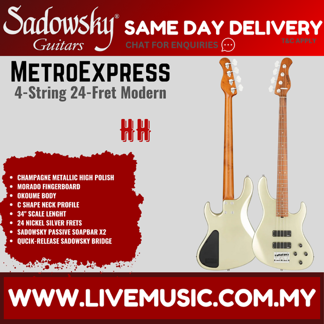 Sadowsky MetroExpress 24-Fret Modern 4-String Bass Guitar, Morado FB, Champagne Metallic High Polish