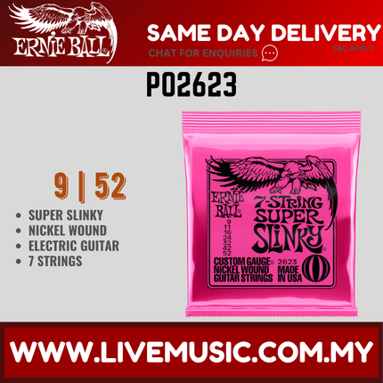 Ernie Ball 2623 Super Slinky Nickel Wound 7-string Electric Guitar Strings, 9-52 Gauge