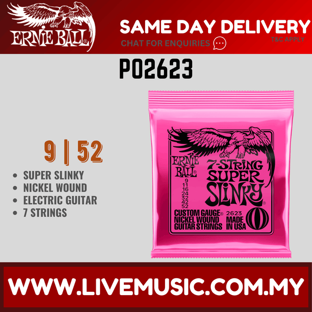 Ernie Ball 2623 Super Slinky Nickel Wound 7-string Electric Guitar Strings, 9-52 Gauge