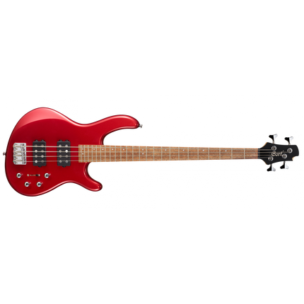 Red metallic 4-string electric bass guitar with headstock and tuning machines