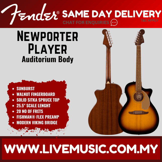 Acoustic guitar with walnut fingerboard, sunburst finish, medium Newporter Player body
