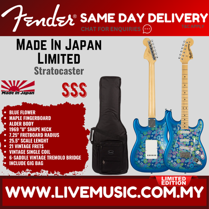 Fender MIJ Limited Stratocaster Electric Guitar, Maple FB, Blue Flower