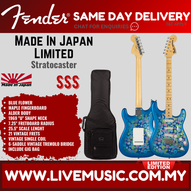 Fender MIJ Limited Stratocaster Electric Guitar, Maple FB, Blue Flower