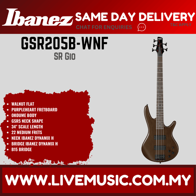 Ibanez GSR205B GIO Series 5-Strings Electric Bass Guitar - Walnut Flat (GSR205B-WNF)