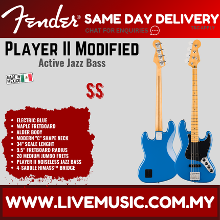 Fender Player II Modified Active Jazz Bass Guitar, Maple FB, Electric Blue