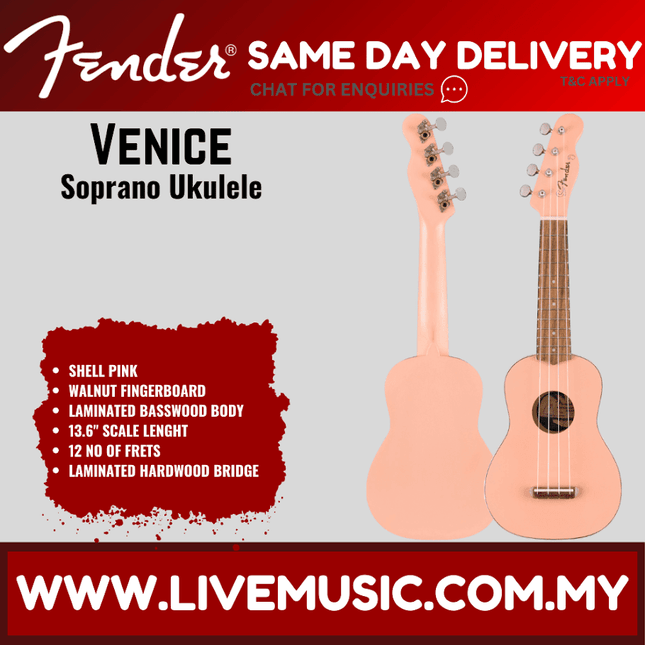Shell pink soprano ukulele with walnut fretboard and hard bridge.