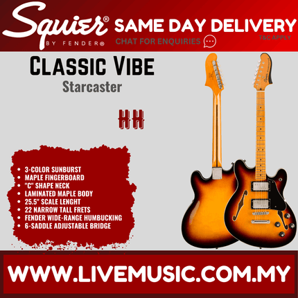 Squier Classic Vibe Starcaster Electric Guitar, Maple Fretboard - 3-Tone Sunburst