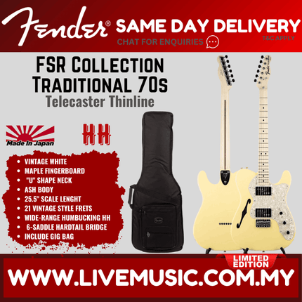 Fender FSR Collection Traditional 70s Telecaster Thinline Electric Guitar, Maple FB, Vintage White