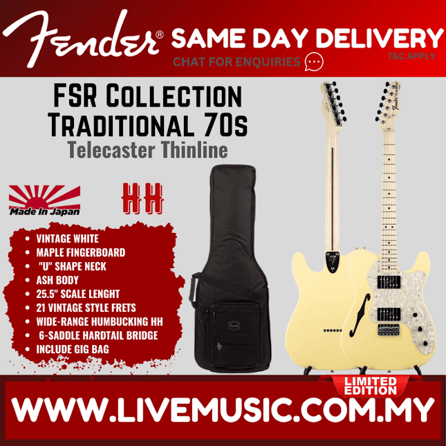 Fender FSR Collection Traditional 70s Telecaster Thinline Electric Guitar, Maple FB, Vintage White