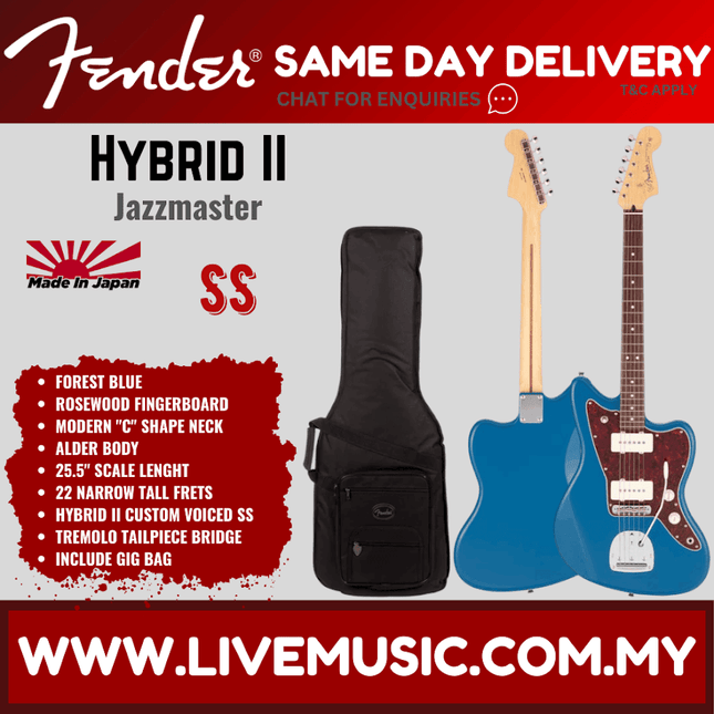 Fender Japan Hybrid II Jazzmaster Electric Guitar, Rosewood Fretboard with Gig Bag - Forest Blue