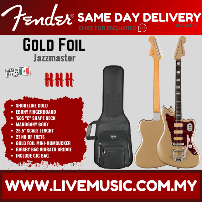Fender Gold Foil Jazzmaster Electric Guitar, Ebony FB, Shoreline Gold