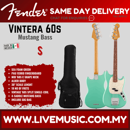 Fender Vintera 60s Mustang Bass Guitar, Pau Ferro Fretboard with Gig Bag - Seafoam Green