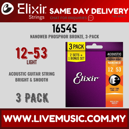 Elixir 16545 Nanoweb Phosphor Bronze Light Acoustic Guitar Strings - 3 Pack (12-53)