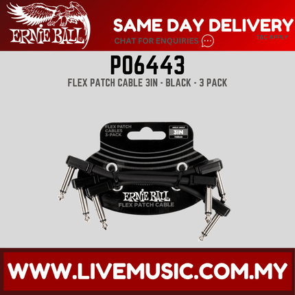 Ernie Ball P06443 FLEX Instrument Patch Cable 3 Inch Black, 3 Pack