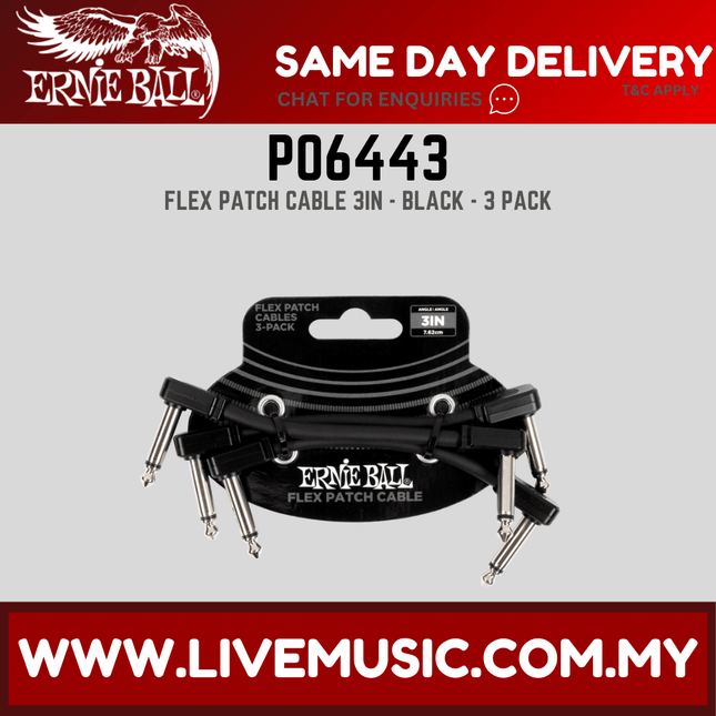 Ernie Ball P06443 FLEX Instrument Patch Cable 3 Inch Black, 3 Pack