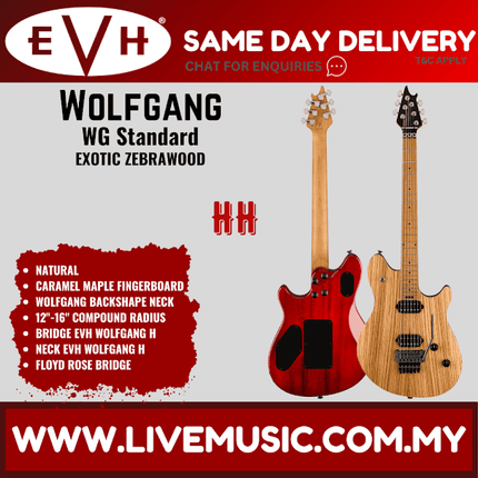 EVH Wolfgang Standard Exotic Zebrawood Electric Guitar, Baked Maple FB, Natural
