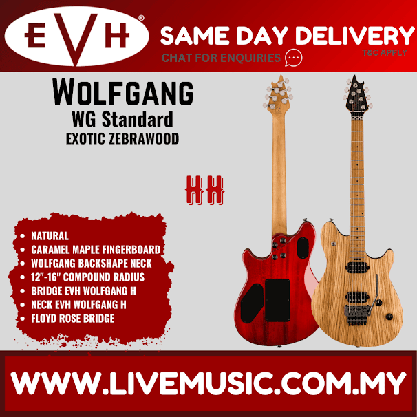 EVH Wolfgang Standard Exotic Zebrawood Electric Guitar, Baked Maple FB, Natural