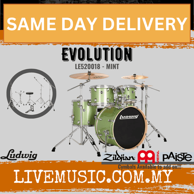 Ludwig LE520010 / LE520018 / LE520024 / LE520028 Evolution 5-Piece Drum Kit w/Hardware, Cherry /Copper / Mint / Platinum
