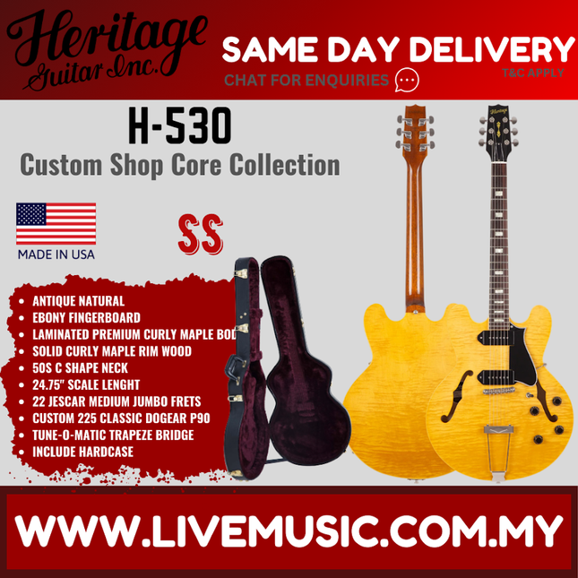 Heritage Custom Shop Core Collection H-530 Electric Guitar with Case, Antique Natural ( H530 / H 530 )