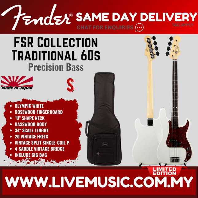 Fender FSR Collection Traditional 60s Precision Bass Guitar, RW FB, Olympic White