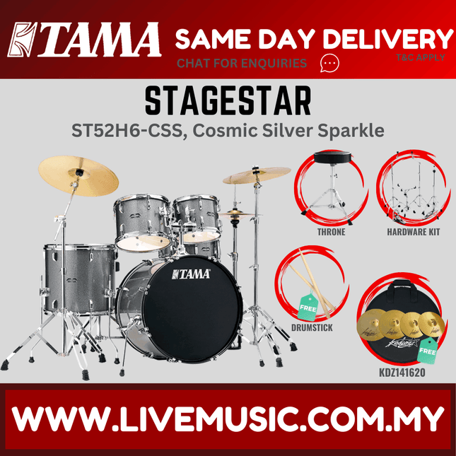 Stagestar 5-piece drum set, Cosmic Silver Sparkle finish, with cymbals, throne, drumsticks