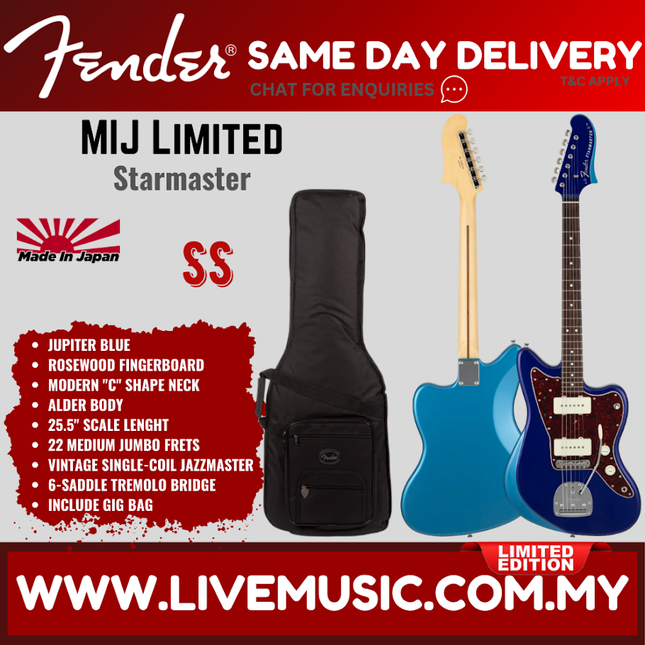 Fender MIJ Limited Starmaster Electric Guitar, RW FB, Candy Apple Red / Black / Jupiter Blue