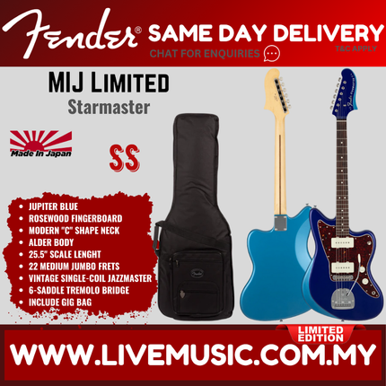 Fender MIJ Limited Starmaster Electric Guitar, RW FB, Candy Apple Red / Black / Jupiter Blue