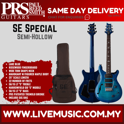 PRS SE Special Semi-Hollow Electric Guitar, Lake Blue