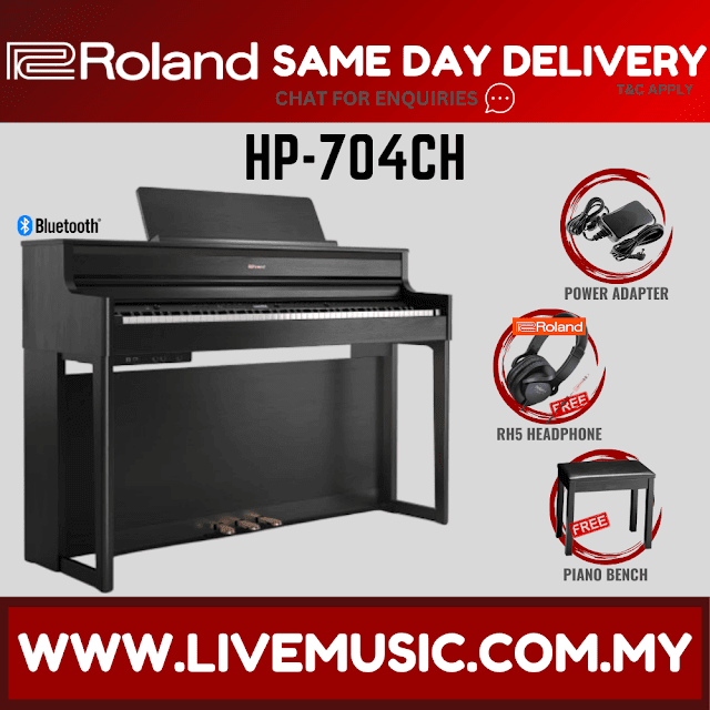 Roland HP704 88-keys Digital Piano with Bench, Stand, RH-5 Headphones, 3 Pedal, Note Stand and Adapter -Black ( HP-704 )