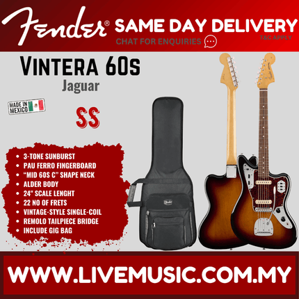 Fender Vintera 60s Jaguar Electric Guitar, Pau Ferro Fretboard - 3-Tone Sunburst
