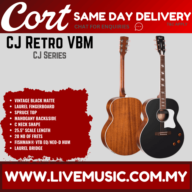 Cort CJ Retro - Jumbo sized Acoustic-Electric Guitar with Gig Bag - Vintage Black Matte (CJRetro/CJ-Retro)