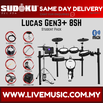 Sudoku Lucas 8S Gen3 Plus Series Full Mesh Electronic Drum w/Drumsticks, Headphone, Pedals ( Lucas-8s / Lucas8s )