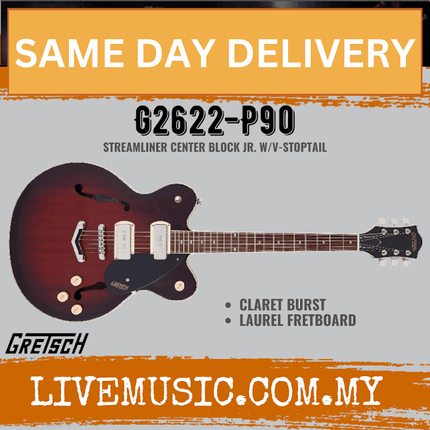 Gretsch G2622-P90 Streamliner Center Block Double-Cut Electric Guitar, Laurel FB, Havana Burst/Claret Burst