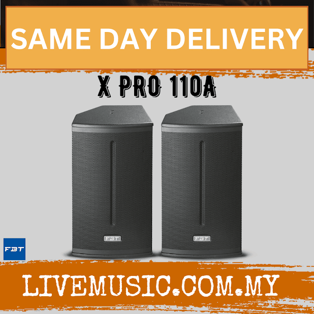 Pair of active PA speakers with black grilles, front ports, and FBT badges.