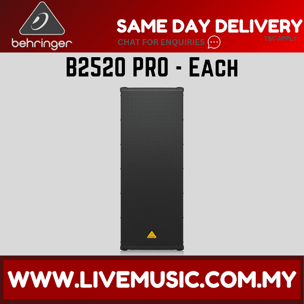 Black passive speaker cabinet with perforated grille and corner warning label